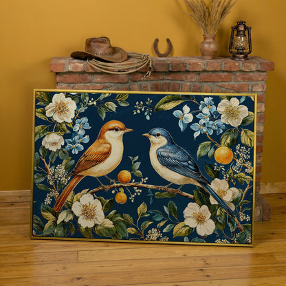 Blue and Beige Birds on Orange Branch Canvas in yellow gold floating frame