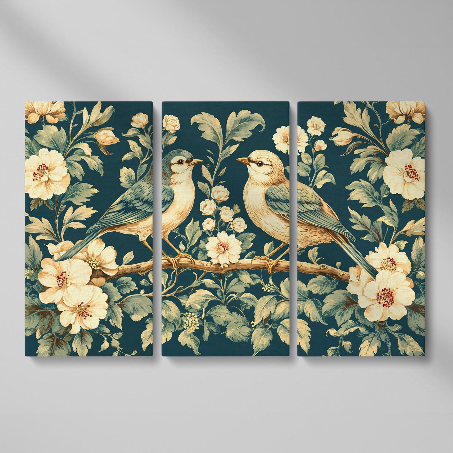 Birds on Flower Branches Canvas Print in Teal & Antique White as 3-panel split version