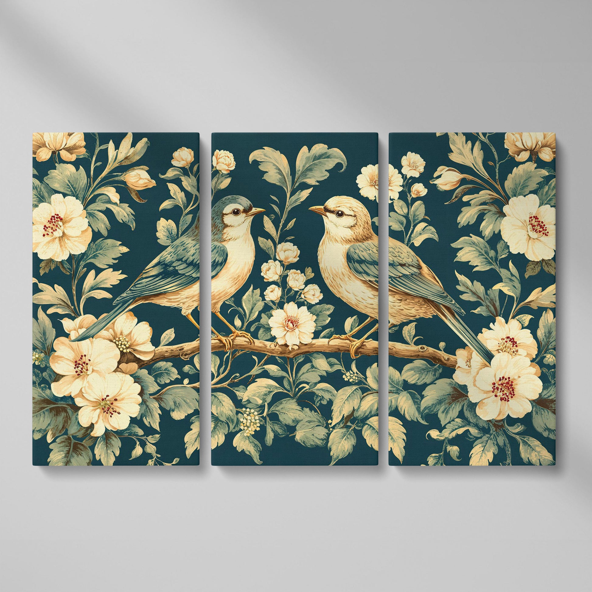 Birds on Flower Branches Canvas Print in Teal & Antique White as 3-panel split version
