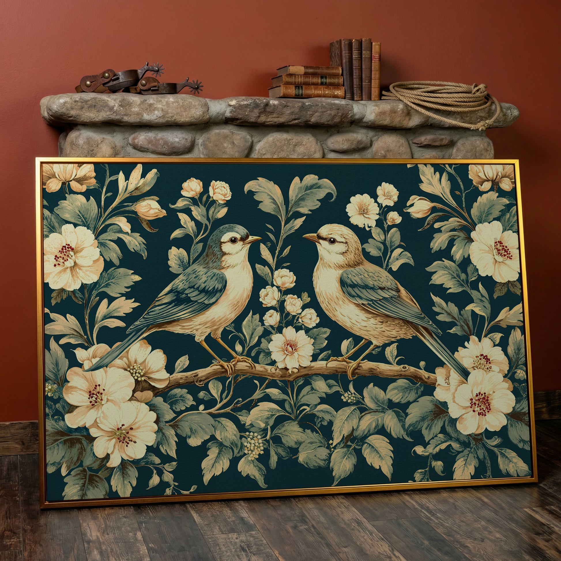 Birds on Flower Branches Canvas Print in Teal & Antique White in antique gold floating frame