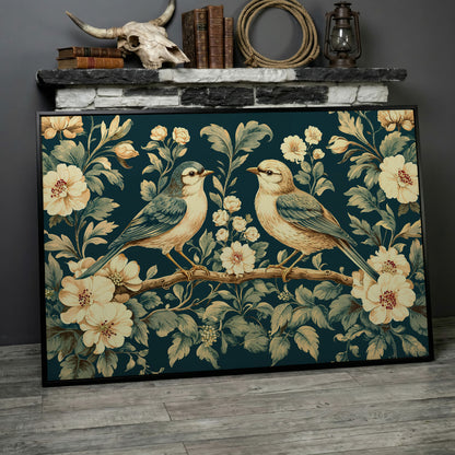 Birds on Flower Branches Canvas Print in Teal & Antique White in black floating frame