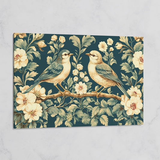 Birds on Flower Branches Canvas Print in Teal & Antique White on gallery wrap