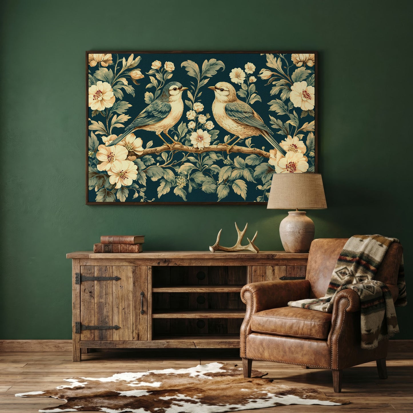 Birds on Flower Branches Canvas Print in Teal & Antique White in dark walnut floating frame