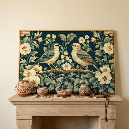 Birds on Flower Branches Canvas Print in Teal & Antique White in white oak floating frame