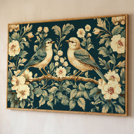 Birds on Flower Branches Canvas Print in Teal & Antique White shown in white oak floating frame