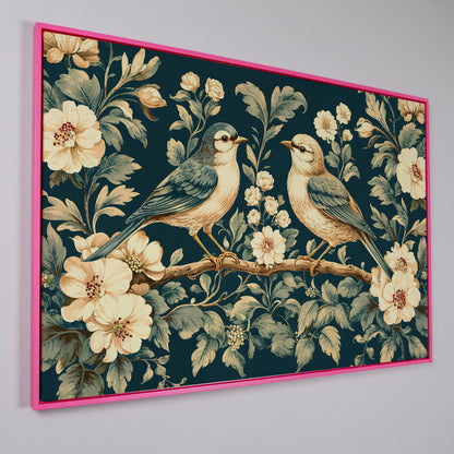 Birds on Flower Branches Canvas Print in Teal & Antique White in pink floating frame