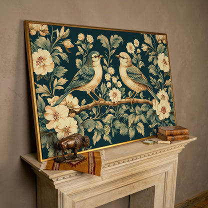 Birds on Flower Branches Canvas Print in Teal & Antique White in rose gold floating frame