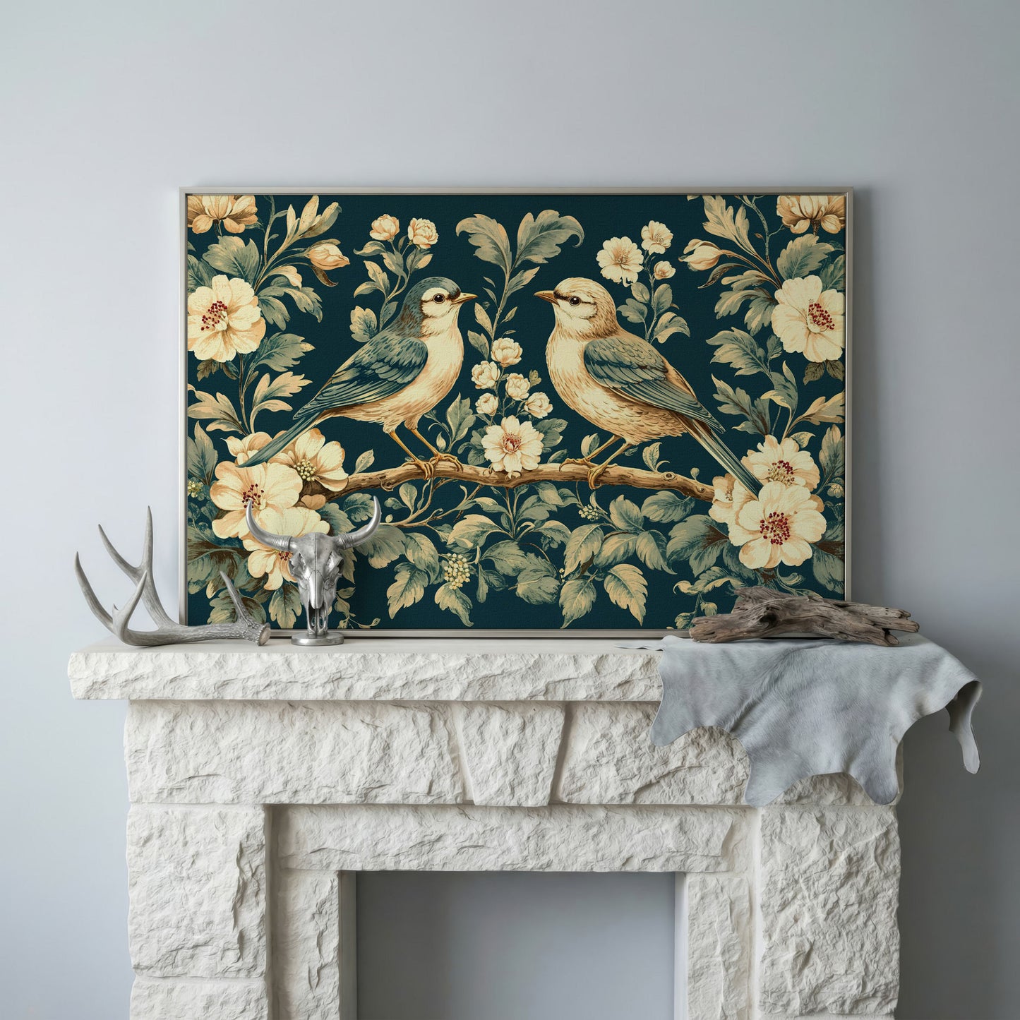 Birds on Flower Branches Canvas Print in Teal & Antique White in silver floating frame