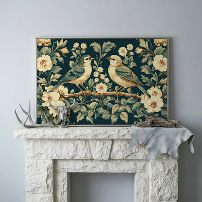 Birds on Flower Branches Canvas Print in Teal & Antique White in silver floating frame