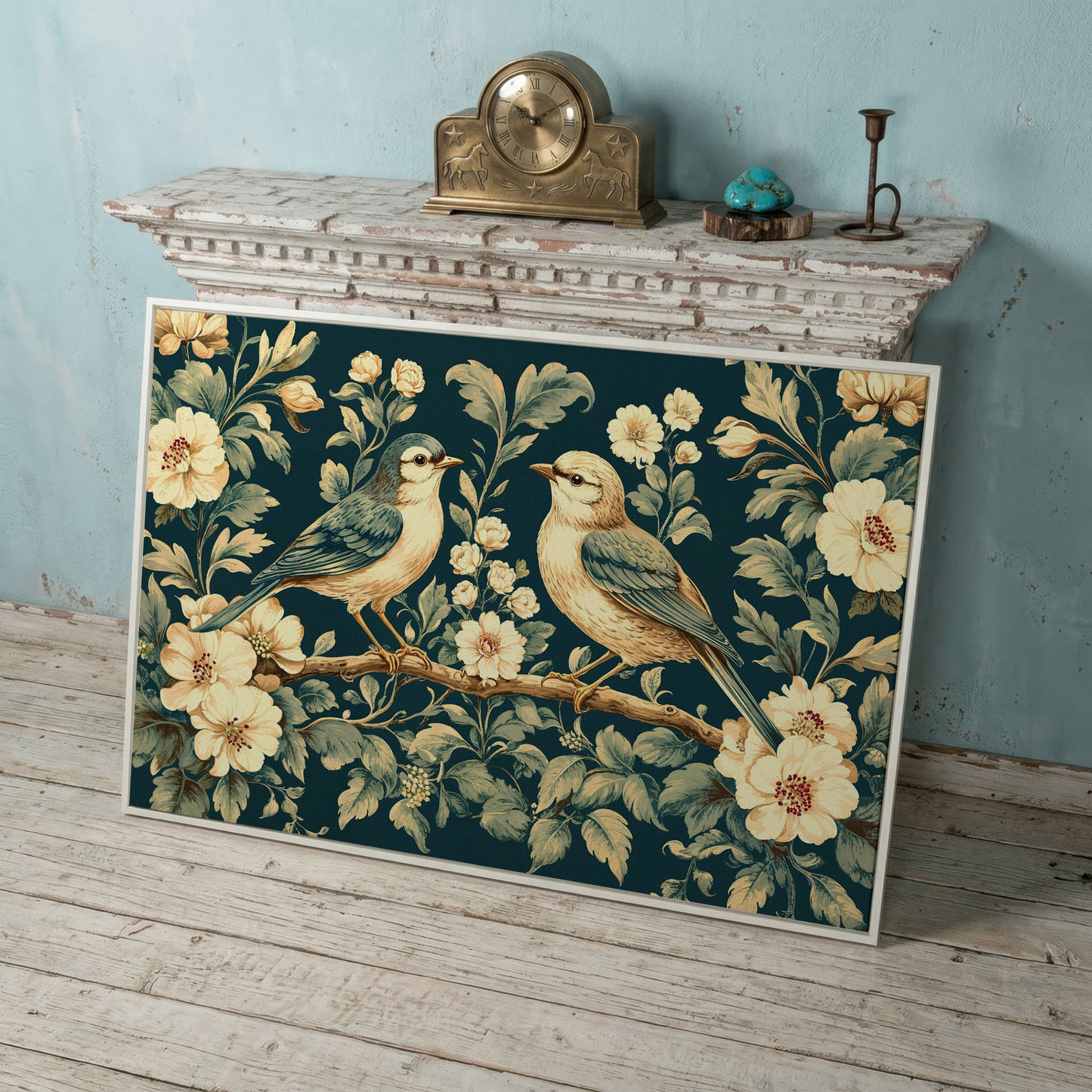 Birds on Flower Branches Canvas Print in Teal & Antique White in white floating frame