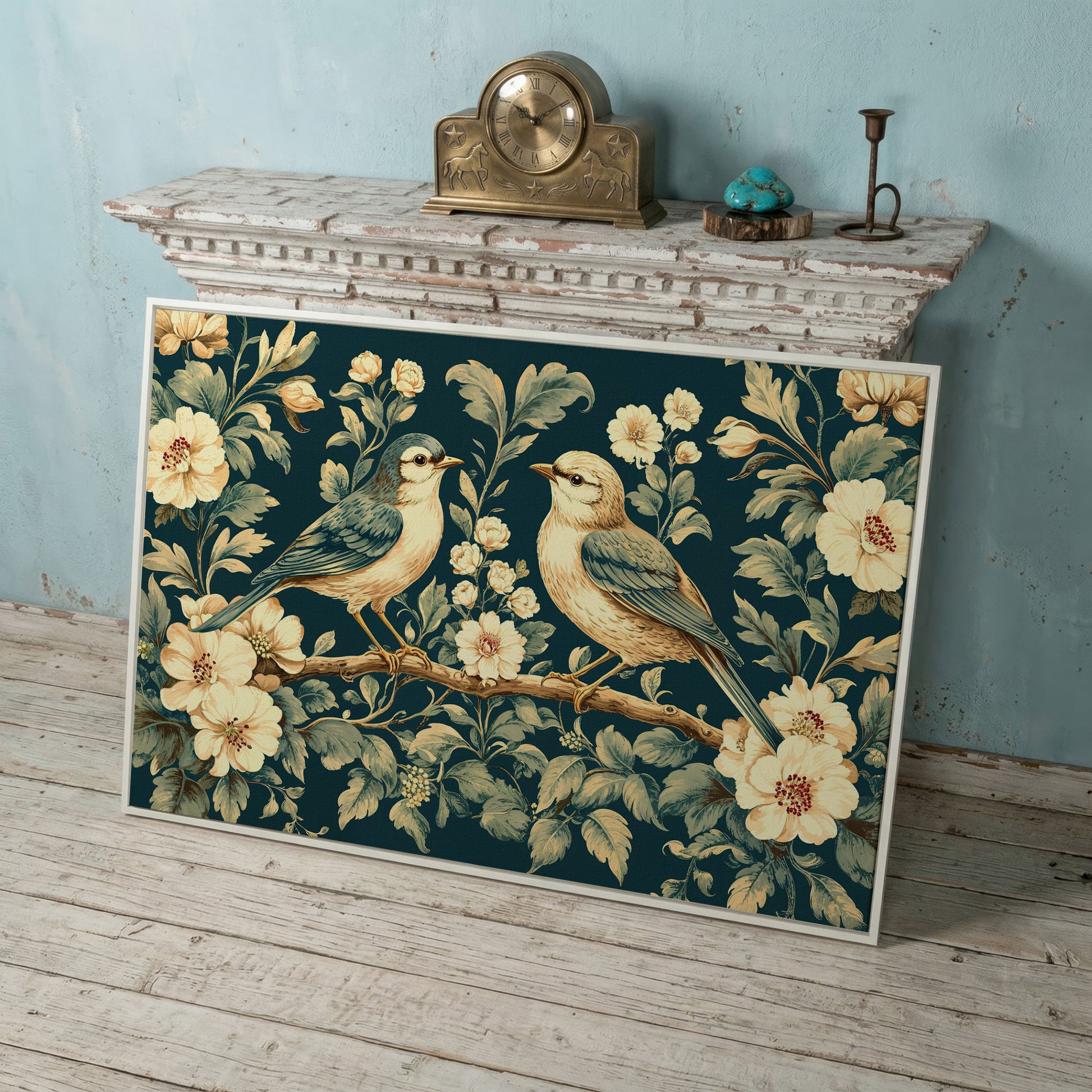Birds on Flower Branches Canvas Print in Teal & Antique White in white floating frame