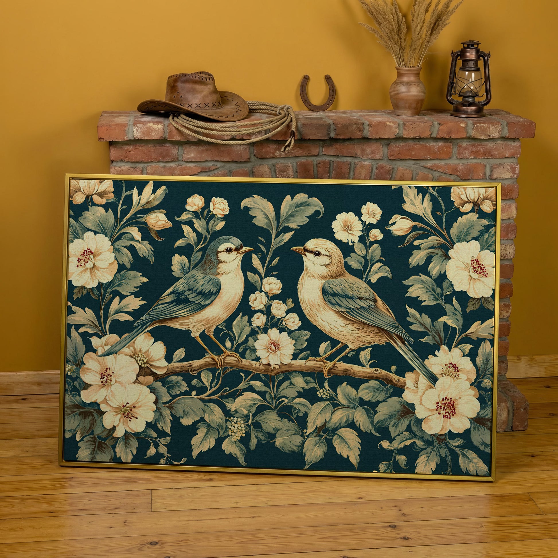 Birds on Flower Branches Canvas Print in Teal & Antique White in yellow gold floating frame