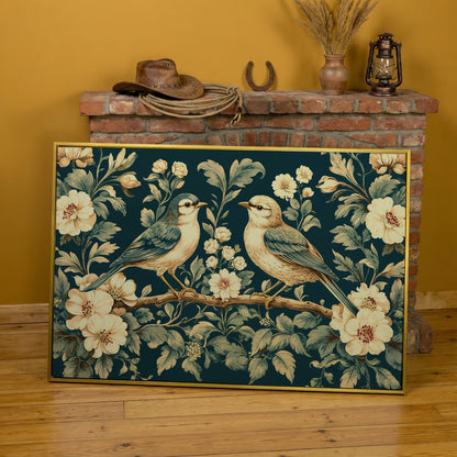 Birds on Flower Branches Canvas Print in Teal & Antique White in yellow gold floating frame