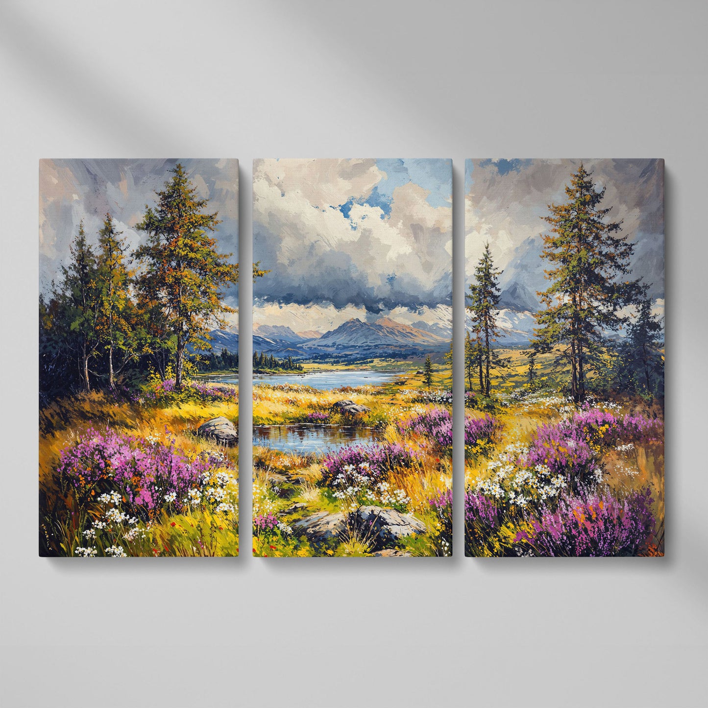 Mountain Lake with Wildflowers Canvas Panoramic as 3-panel split version