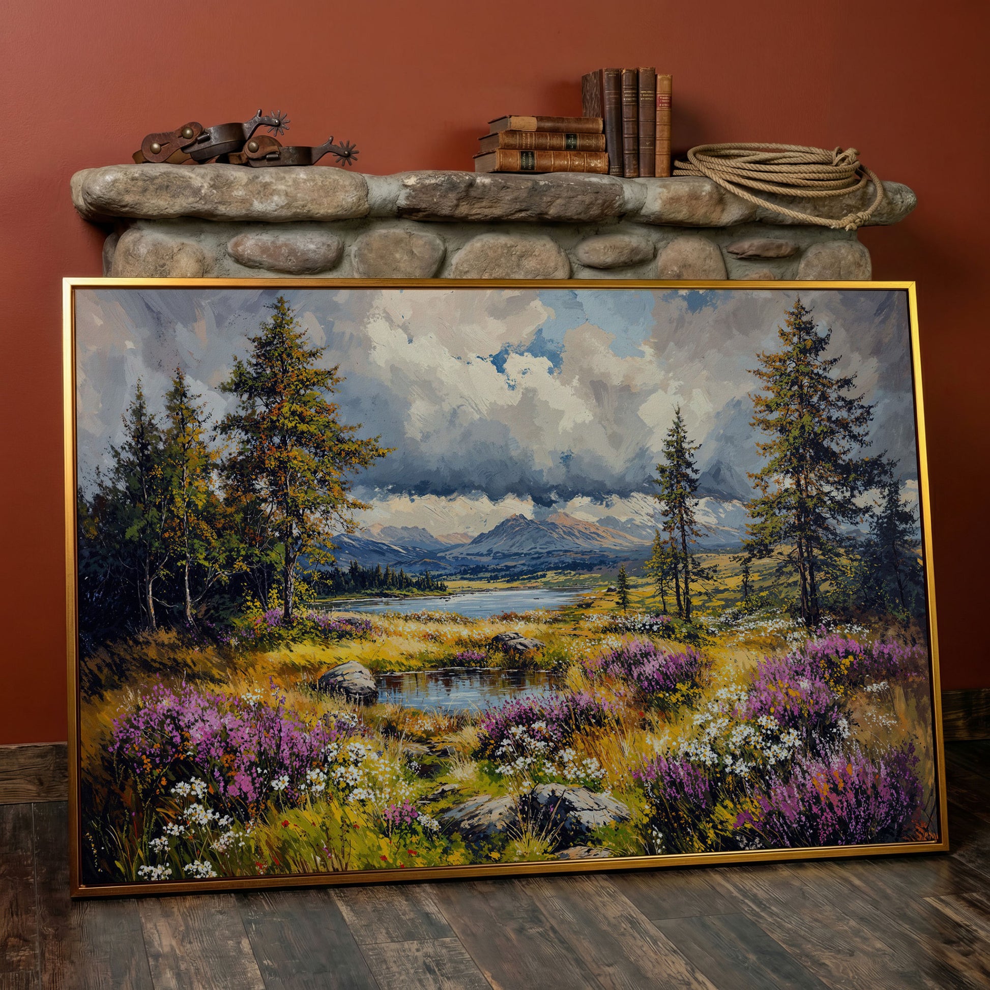 Mountain Lake with Wildflowers Canvas Panoramic in antique gold floating frame