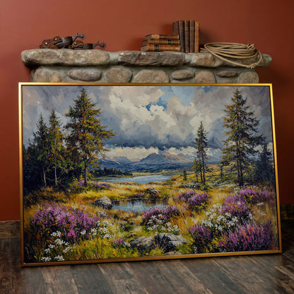 Mountain Lake with Wildflowers Canvas Panoramic in antique gold floating frame