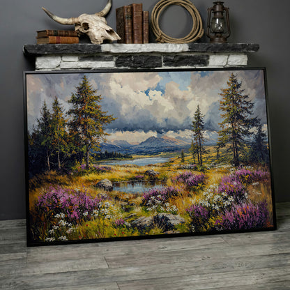 Mountain Lake with Wildflowers Canvas Panoramic in black floating frame