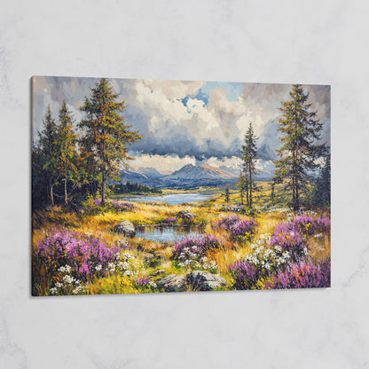 Mountain Lake with Wildflowers Canvas Panoramic on gallery wrap