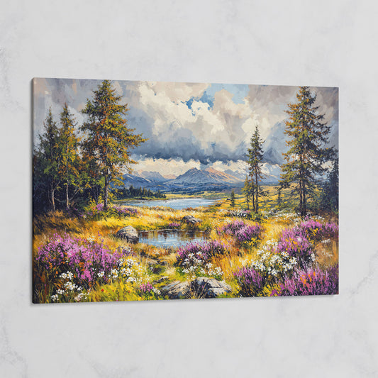 Mountain Lake with Wildflowers Canvas Panoramic on gallery wrap