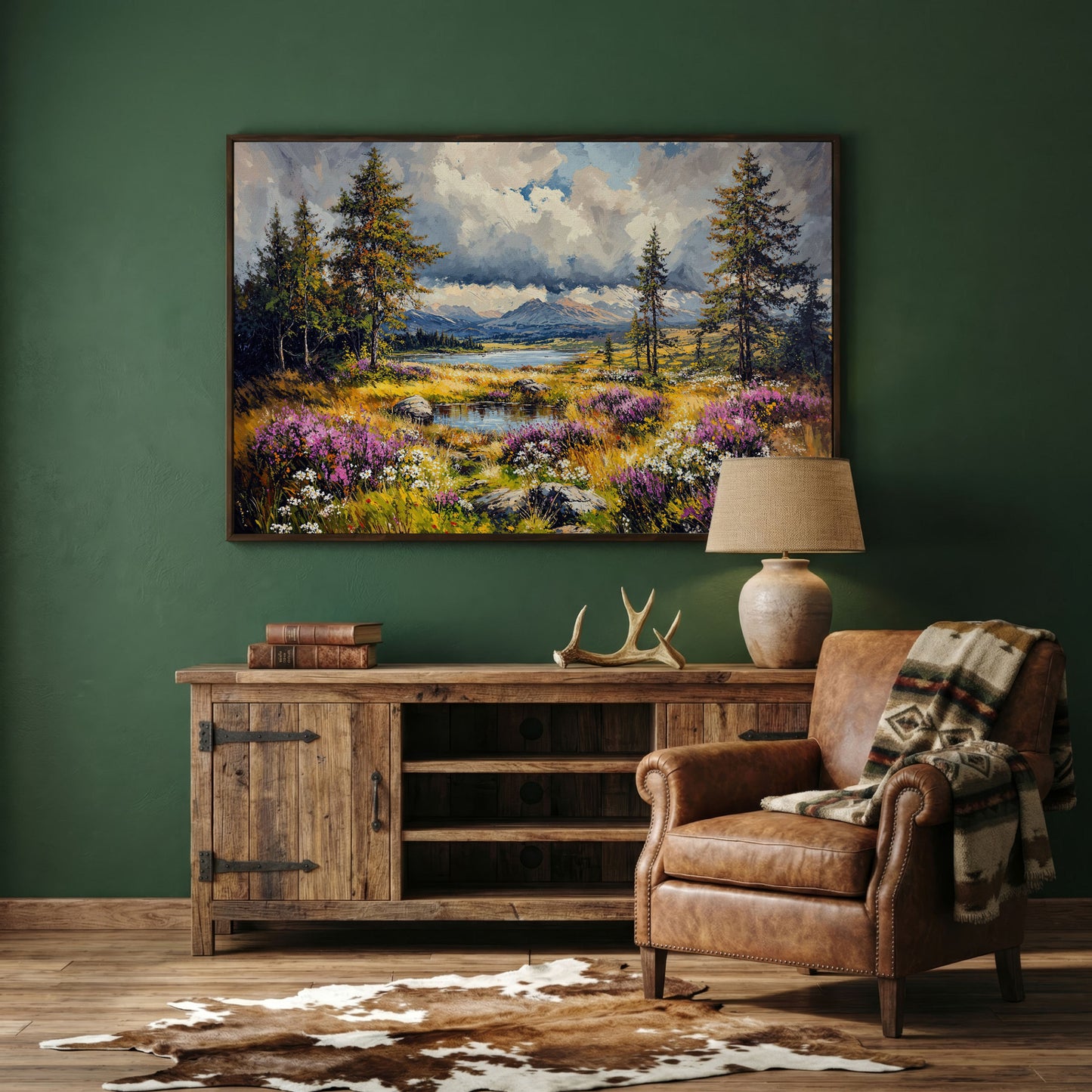 Mountain Lake with Wildflowers Canvas Panoramic in dark walnut floating frame