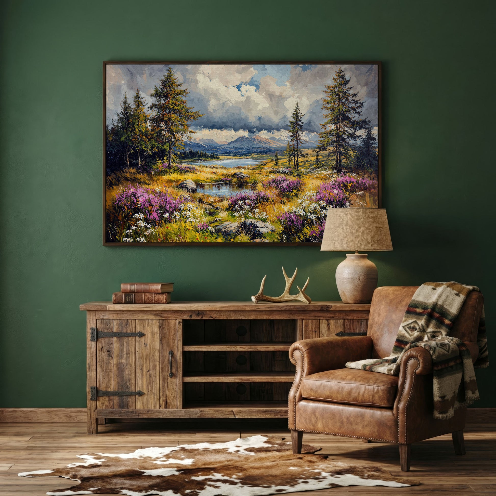 Mountain Lake with Wildflowers Canvas Panoramic in dark walnut floating frame