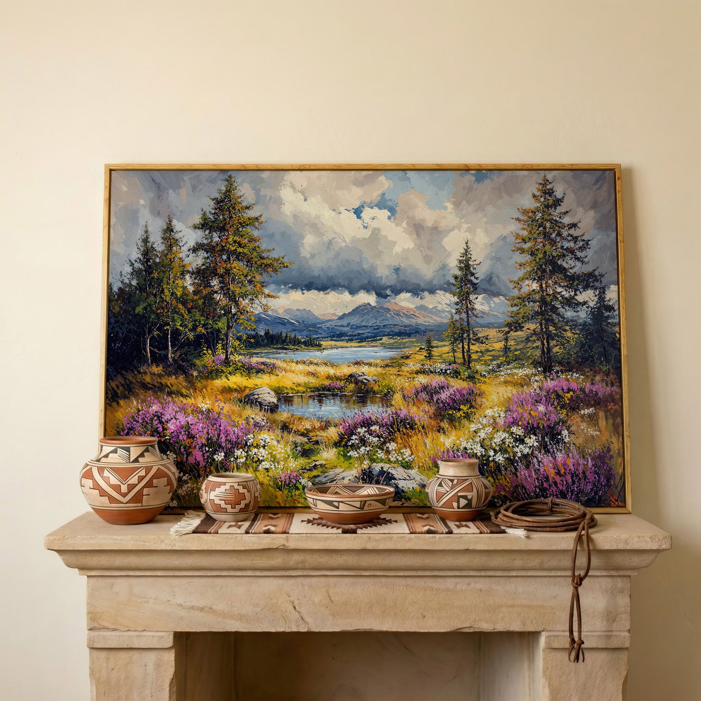 Mountain Lake with Wildflowers Canvas Panoramic in white oak floating frame