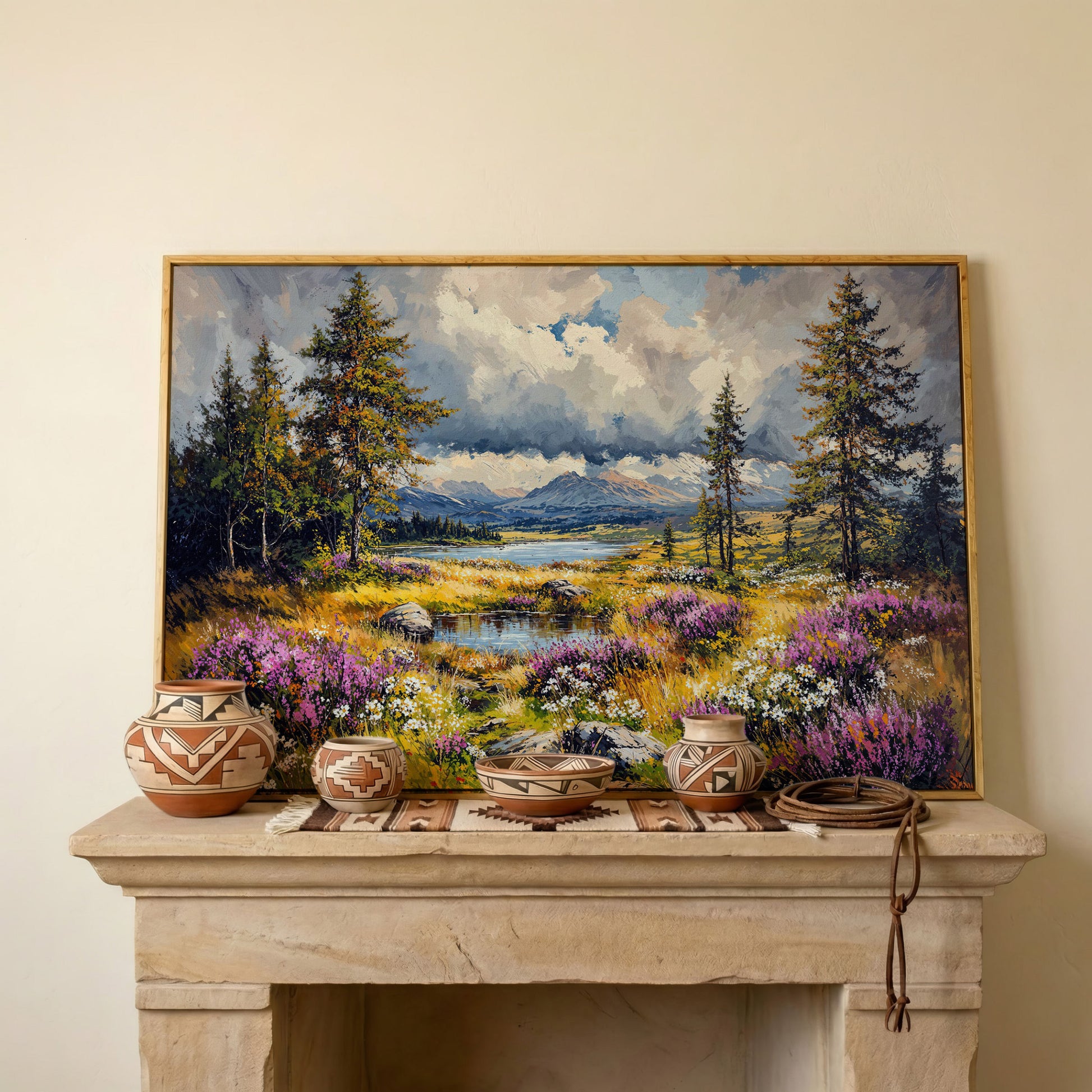 Mountain Lake with Wildflowers Canvas Panoramic in white oak floating frame