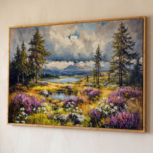 Mountain Lake with Wildflowers Canvas Panoramic shown in white oak floating frame