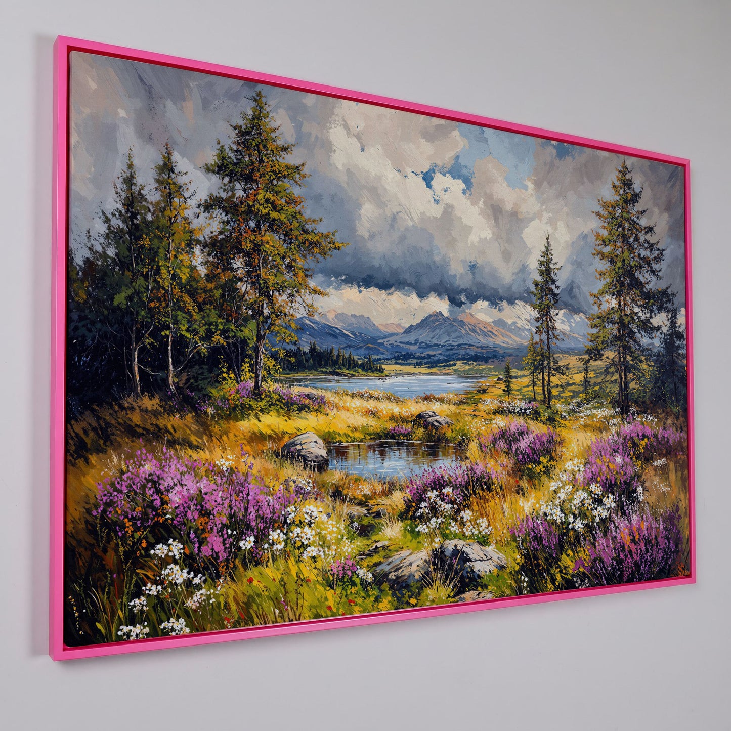 Mountain Lake with Wildflowers Canvas Panoramic in pink floating frame
