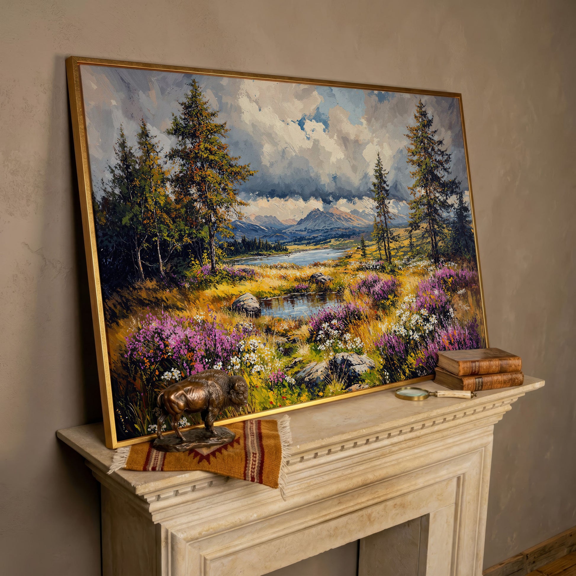 Mountain Lake with Wildflowers Canvas Panoramic in rose gold floating frame