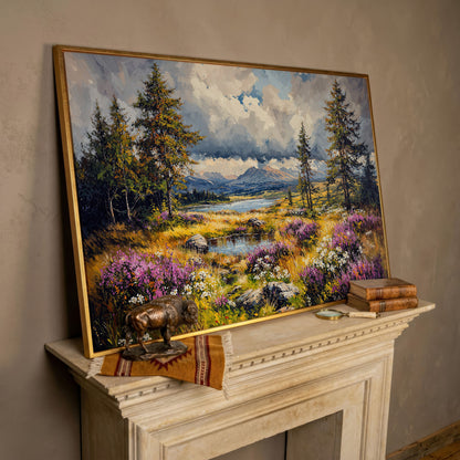 Mountain Lake with Wildflowers Canvas Panoramic in rose gold floating frame