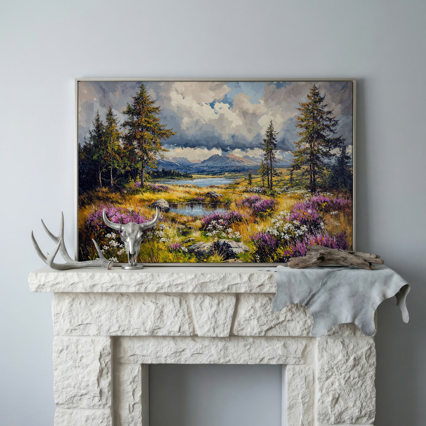 Mountain Lake with Wildflowers Canvas Panoramic in silver floating frame