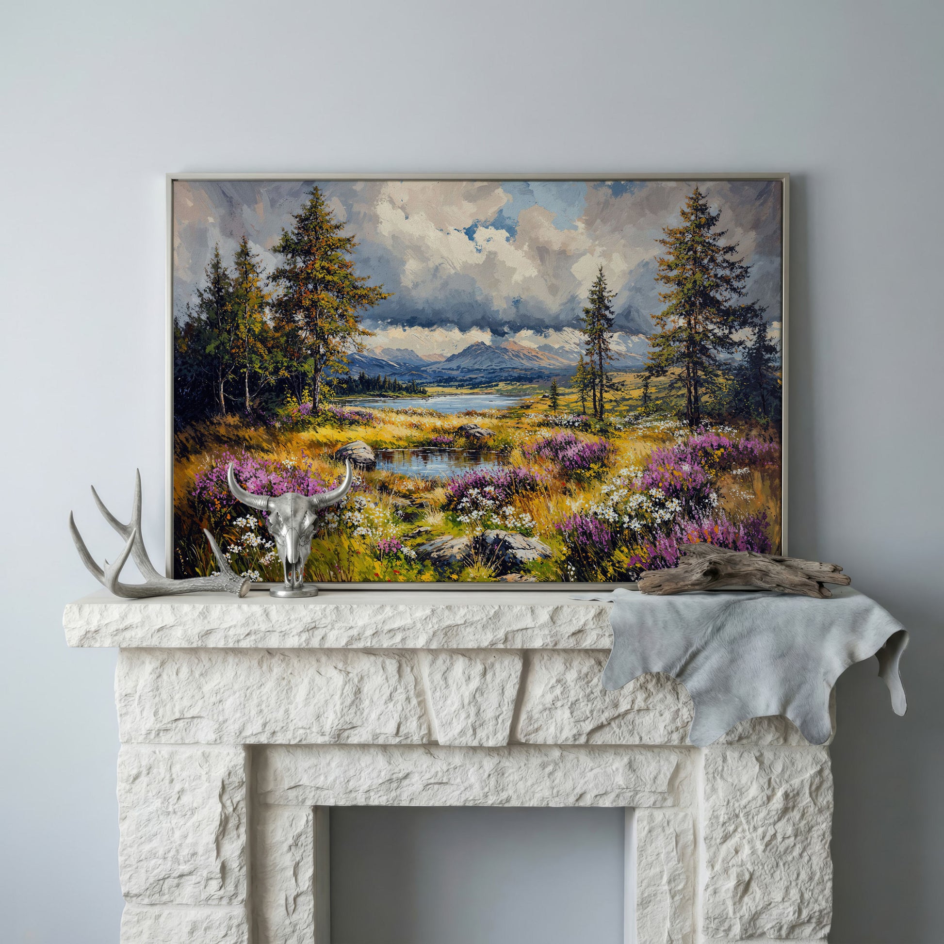 Mountain Lake with Wildflowers Canvas Panoramic in silver floating frame