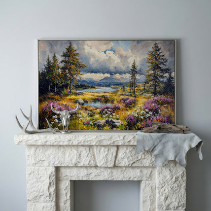 Mountain Lake with Wildflowers Canvas Panoramic in silver floating frame
