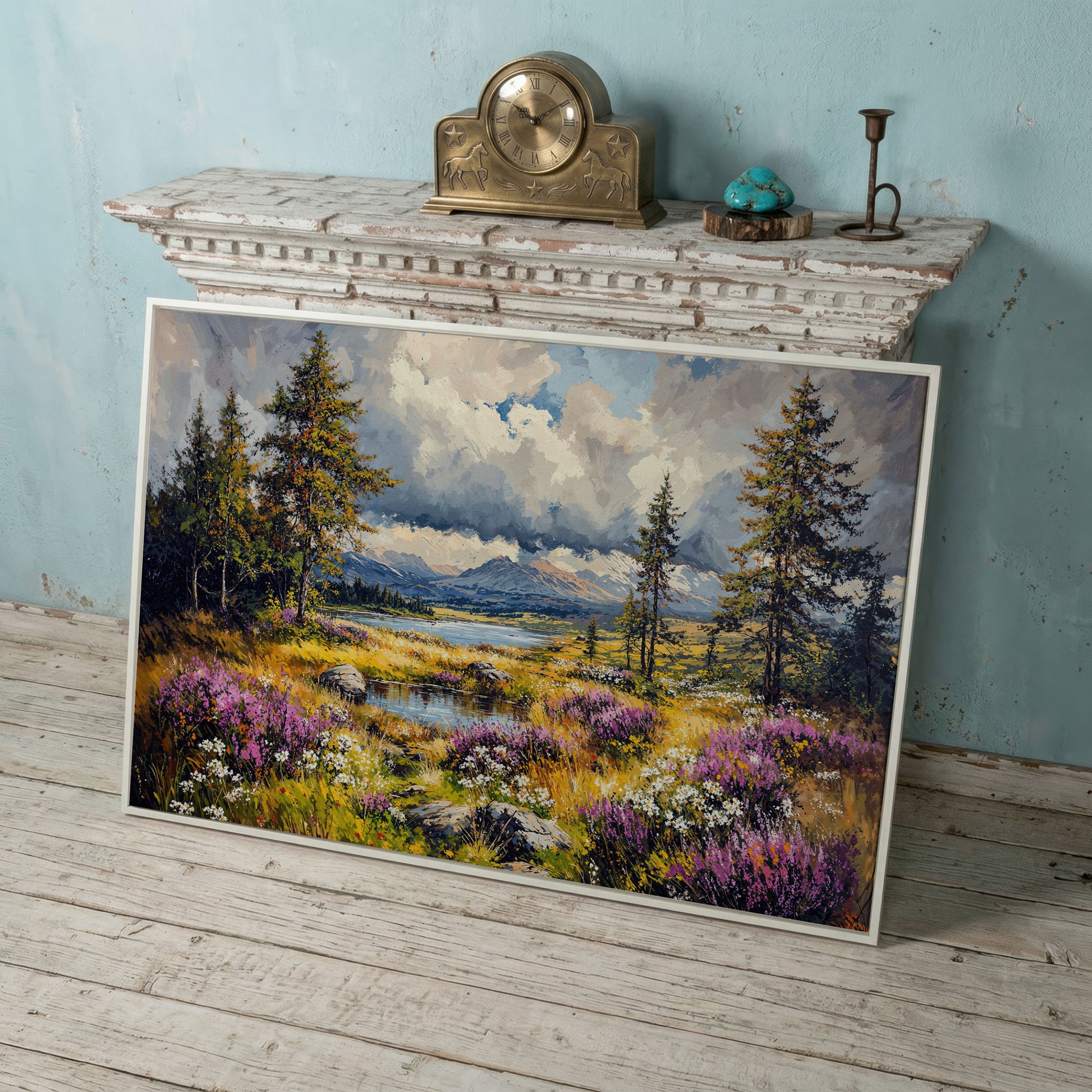 Mountain Lake with Wildflowers Canvas Panoramic in white floating frame