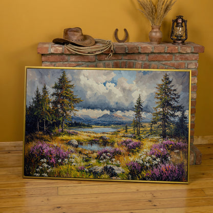 Mountain Lake with Wildflowers Canvas Panoramic in yellow gold floating frame