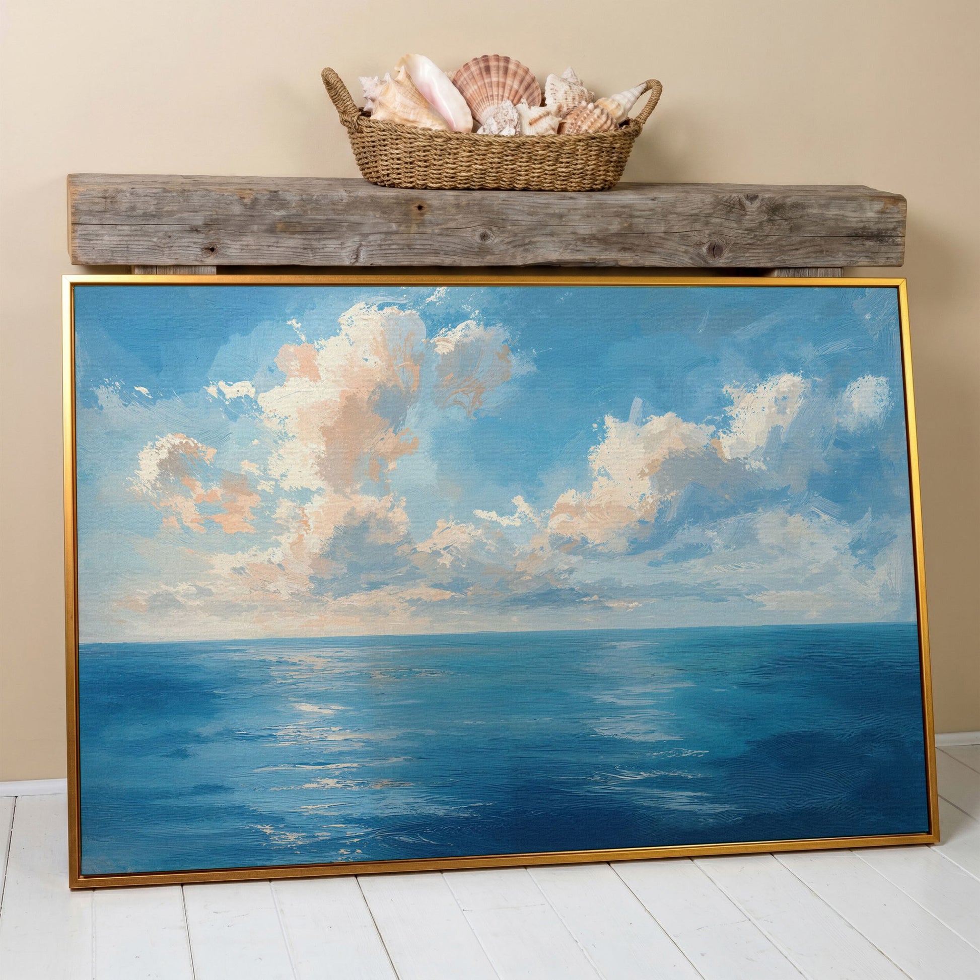 Peaceful Seascape Canvas with Blue Sky and Peach Horizon in antique gold floating frame