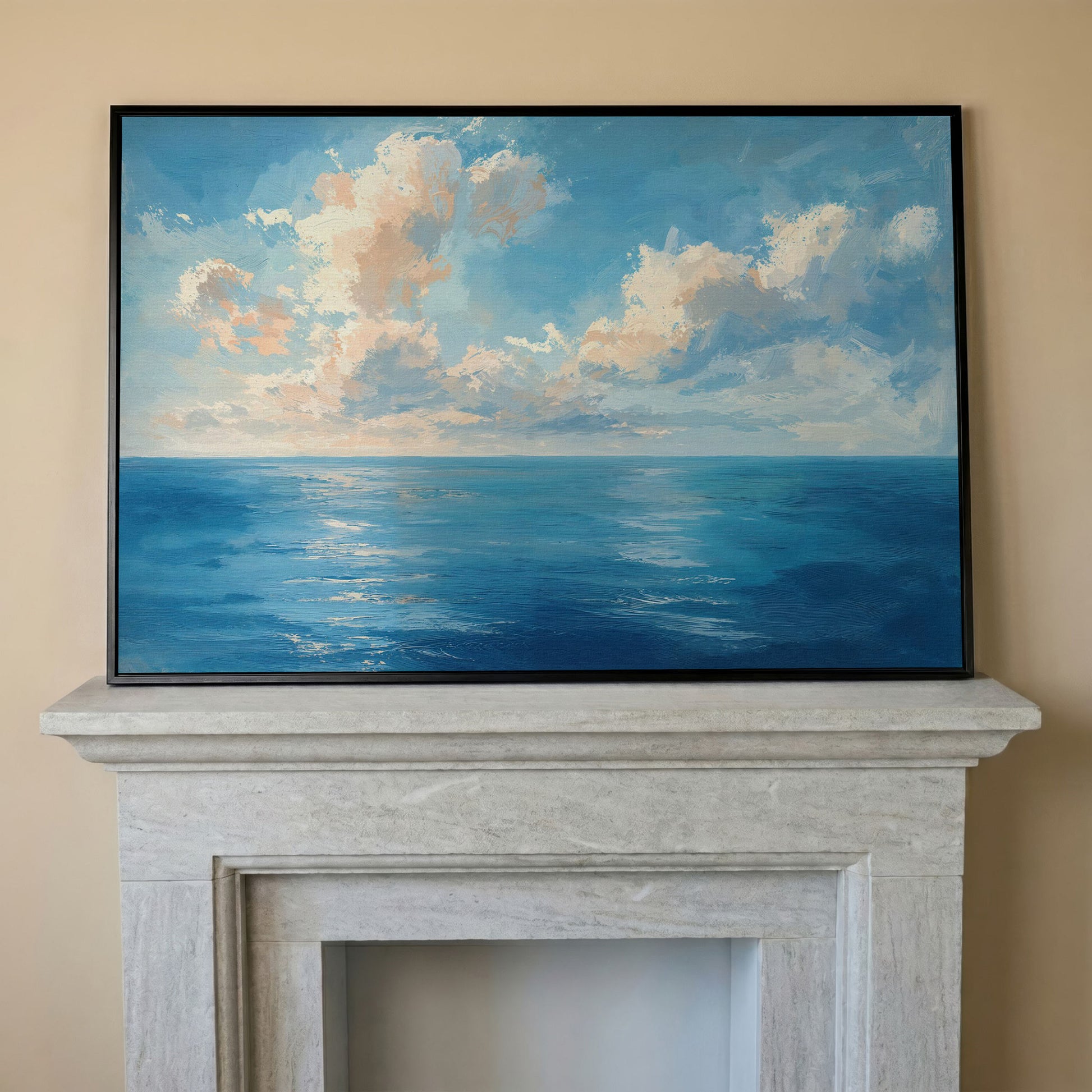 Peaceful Seascape Canvas with Blue Sky and Peach Horizon in black floating frame