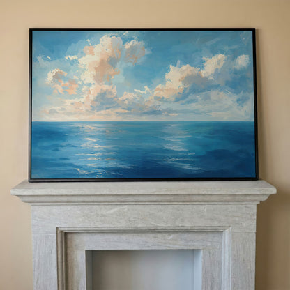 Peaceful Seascape Canvas with Blue Sky and Peach Horizon in black floating frame