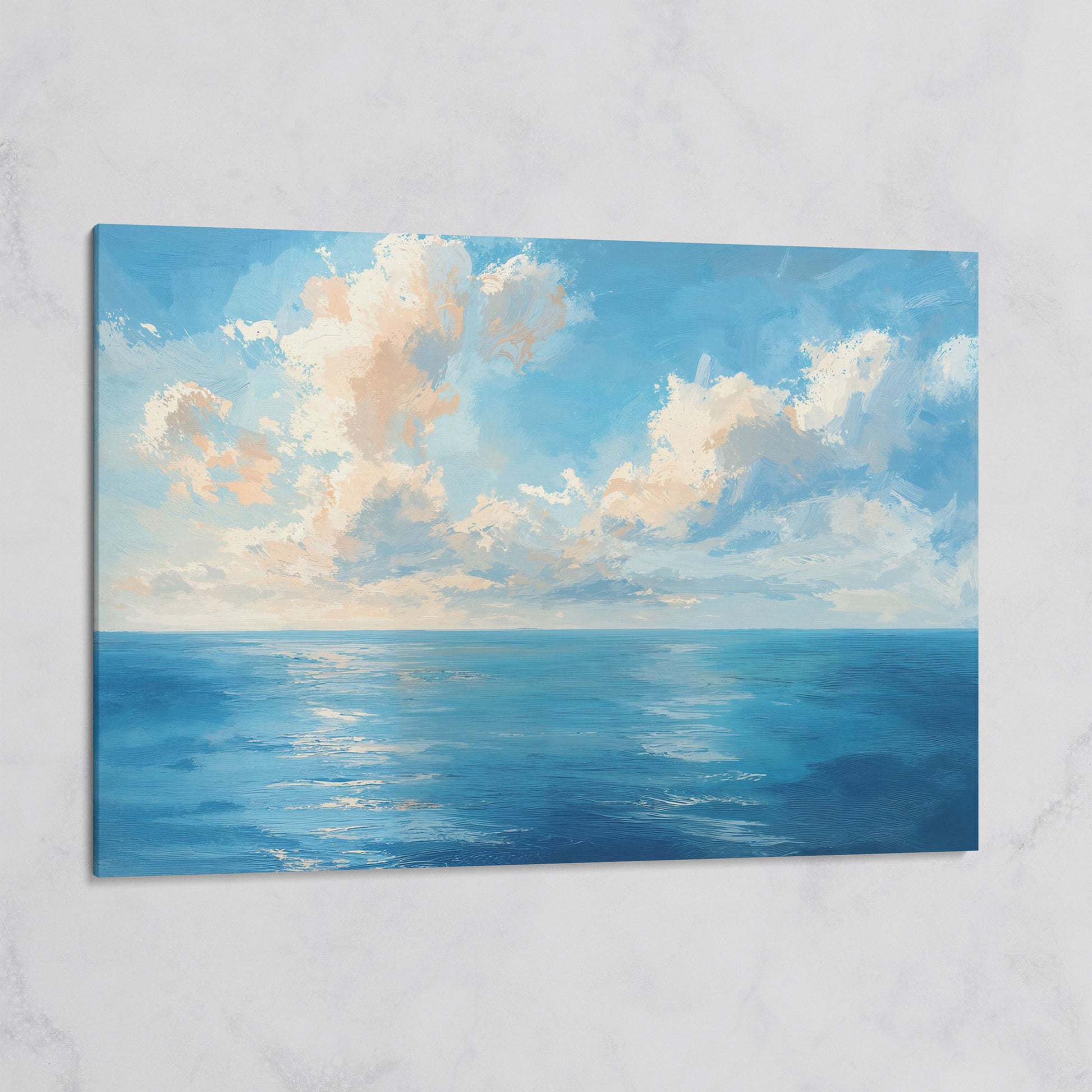 Peaceful Seascape Canvas with Blue Sky and Peach Horizon on gallery wrap