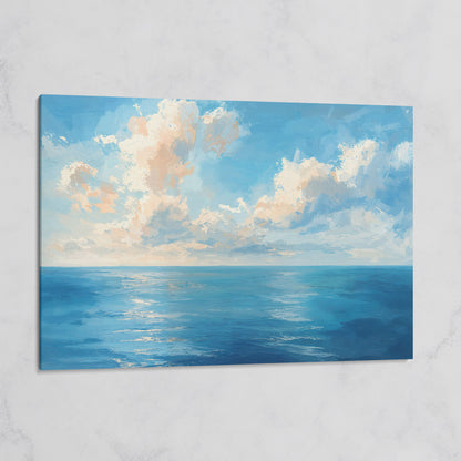 Peaceful Seascape Canvas with Blue Sky and Peach Horizon on gallery wrap