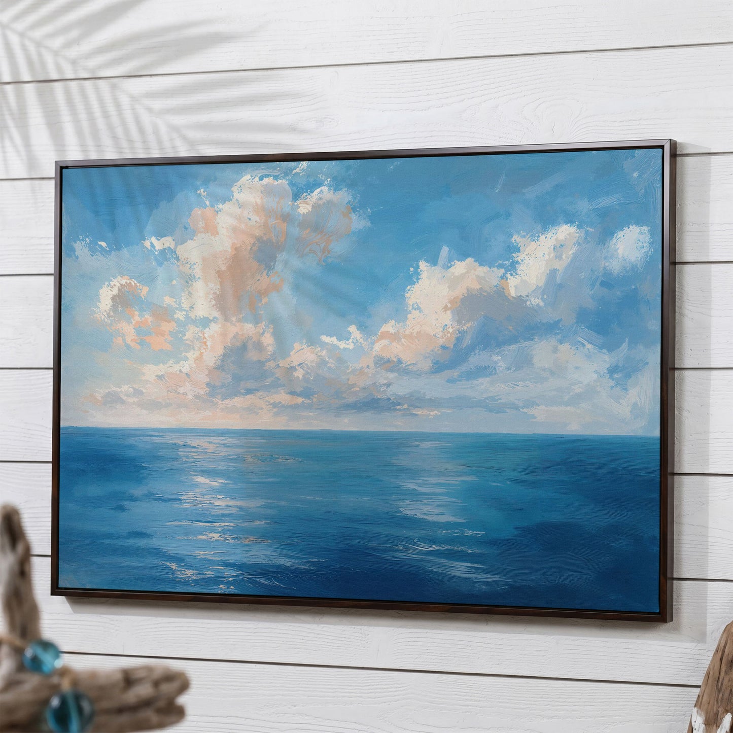 Peaceful Seascape Canvas with Blue Sky and Peach Horizon in dark walnut floating frame