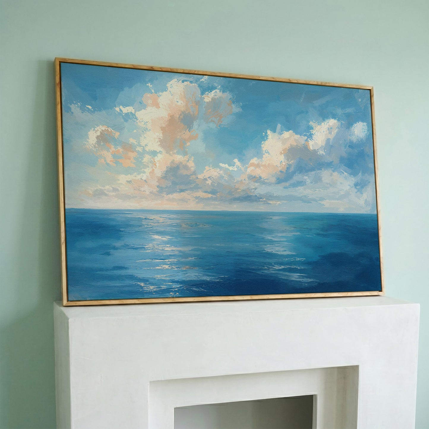 Peaceful Seascape Canvas with Blue Sky and Peach Horizon in white oak floating frame