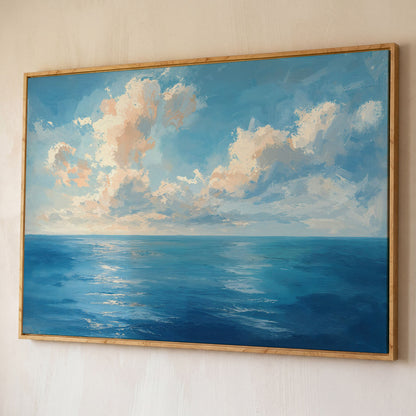 Peaceful Seascape Canvas with Blue Sky and Peach Horizon shown in white oak floating frame