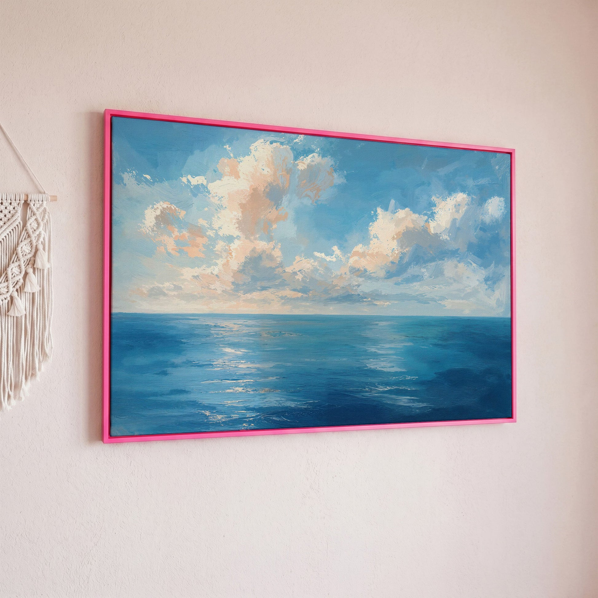 Peaceful Seascape Canvas with Blue Sky and Peach Horizon in pink floating frame