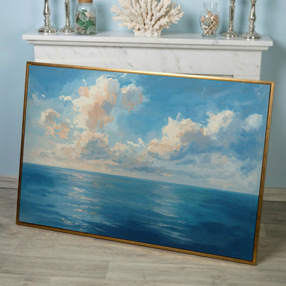 Peaceful Seascape Canvas with Blue Sky and Peach Horizon in rose gold floating frame