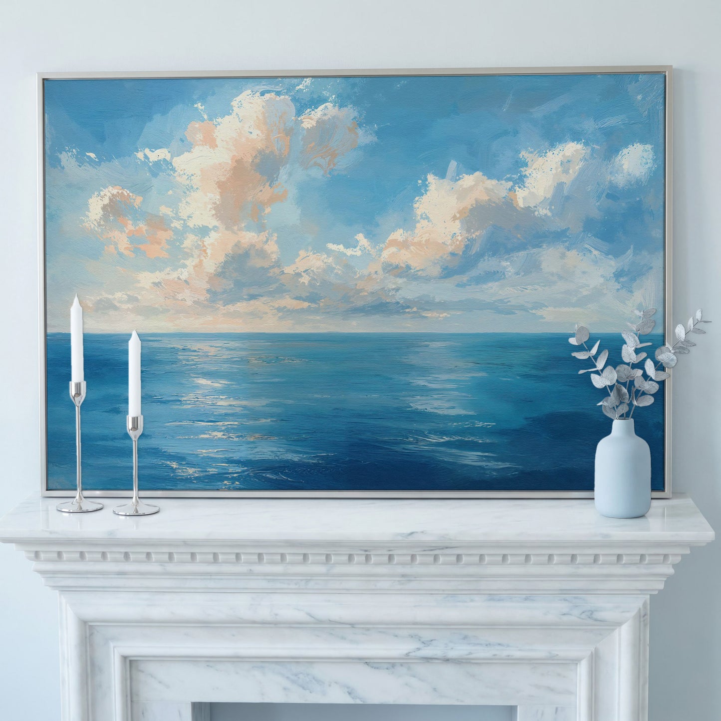 Peaceful Seascape Canvas with Blue Sky and Peach Horizon in silver floating frame