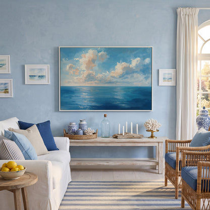 Peaceful Seascape Canvas with Blue Sky and Peach Horizon in white floating frame