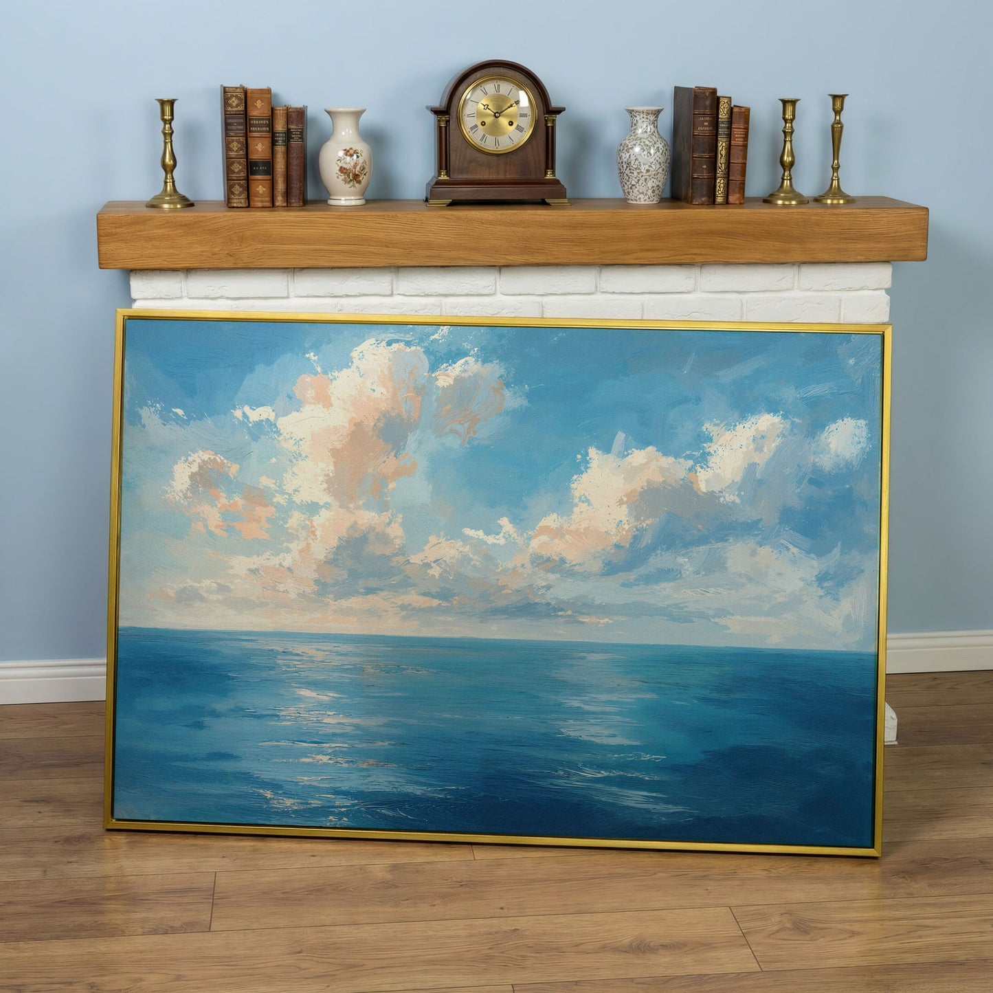 Peaceful Seascape Canvas with Blue Sky and Peach Horizon in yellow gold floating frame