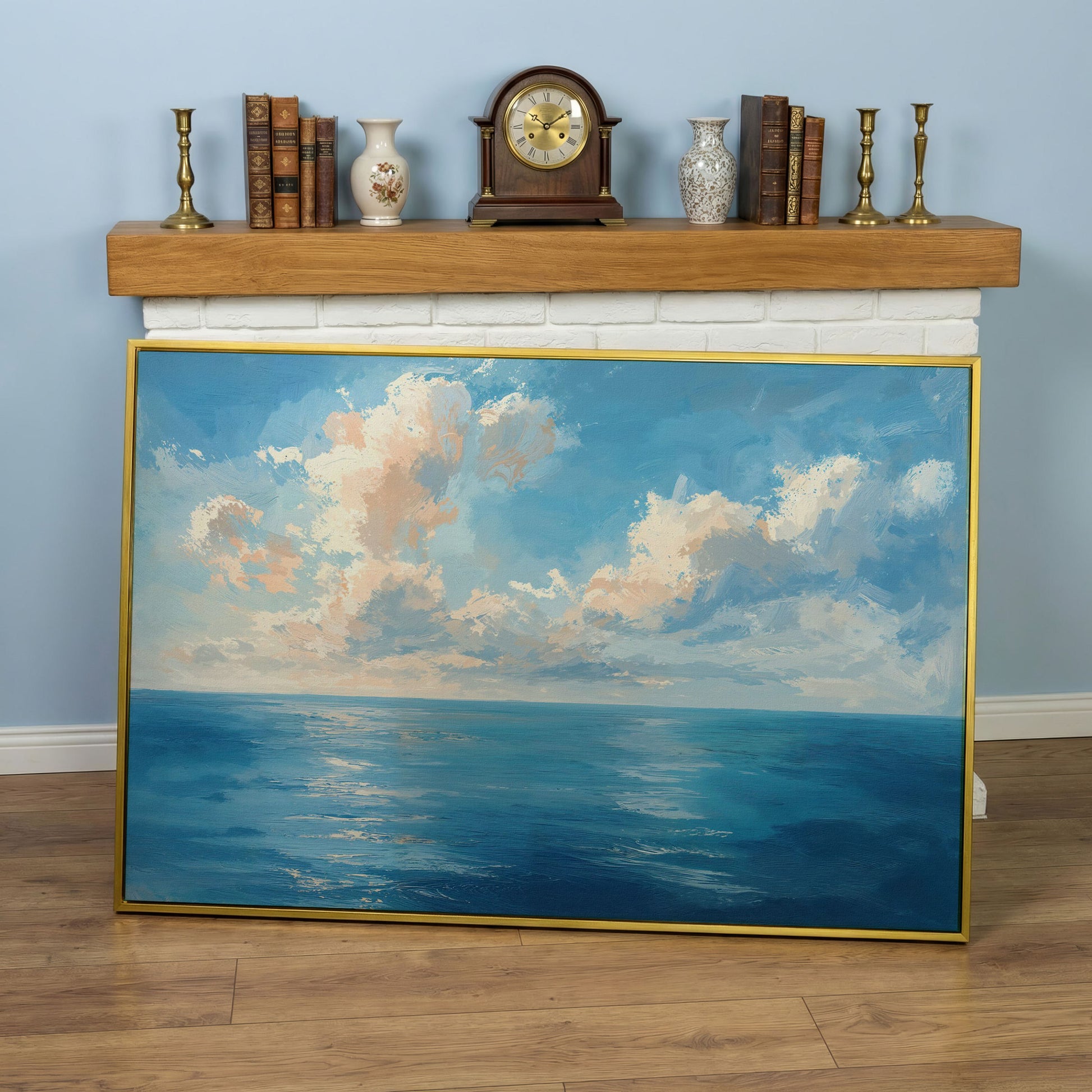 Peaceful Seascape Canvas with Blue Sky and Peach Horizon in yellow gold floating frame